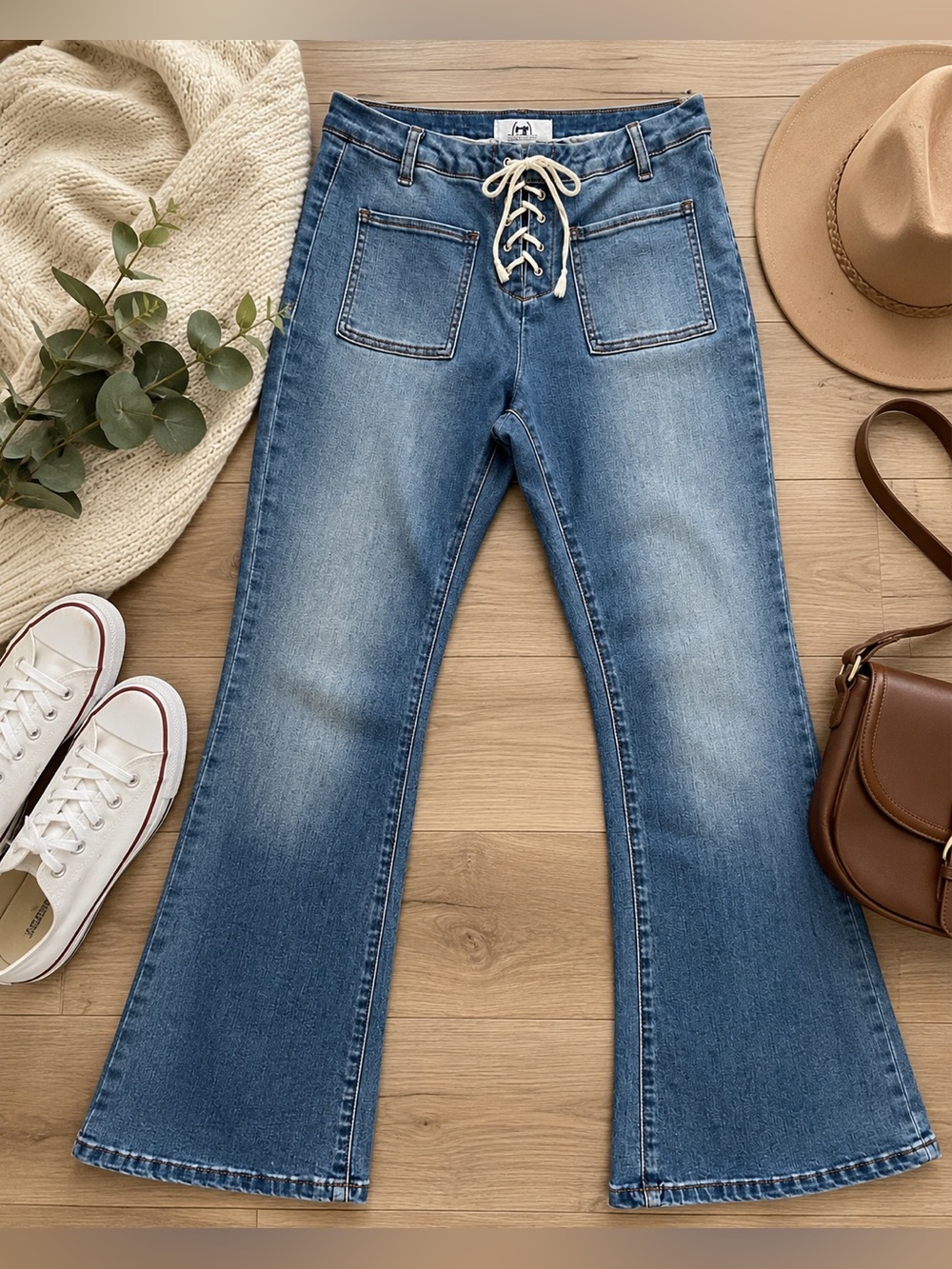 Monkey Ride Jeans Lace-Up Front Flare Jeans Size 11 Light Wash Stretch Denim